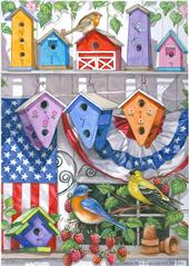 patriotic painting with birdhouses on garden fence