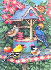 Birds at wishing well bird feeder