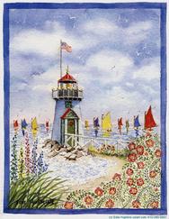 Lighthouse, colorful sail boats