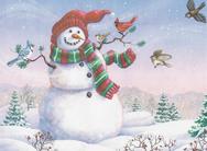 snowman, birds, cap and scarf