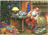 santa's office, toys, globe, tree, cat