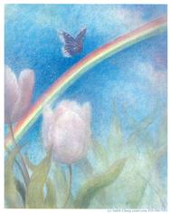 Soft rainbow with butterfly and tulips