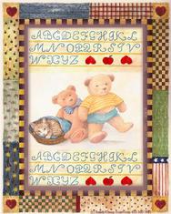 ABC Sampler with teddybears, kitten, country border