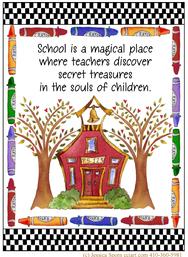 teacher, crayons, school house, trees