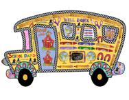 School Bus, globes, crayons, pencils, scissors