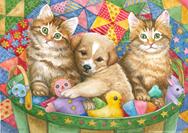 adorable kittens and puppy in toy basket with quilt