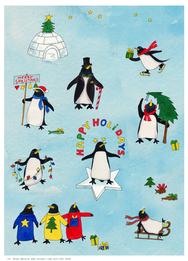 Christmas penguins with lights, stars, sleds, candy canes, skates, igloo