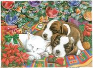 Sleeping cat and puppies in front of the Christmas Tree