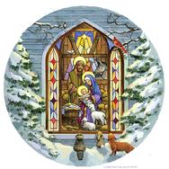 Nativity, round, stained glass, church, animals