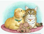 adorable pup and kitten on rug with toy