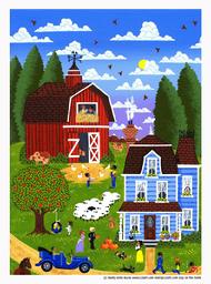 This farm has folk appeal with a country blue home and a barn with children playing.  There is an apple tree and lots of animals.