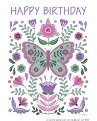 Pretty pink and purple butterfy design with folk flowers - Happy Birthday.