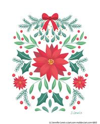 Folk Floral Poinsettia with holly and fauna on white