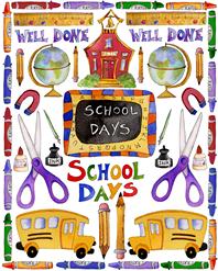 school days, crayons, busses, pencils, scissors, globes