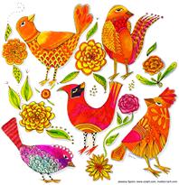 Five very cute folky whimsical birds including a cardinal and other cute fliers.