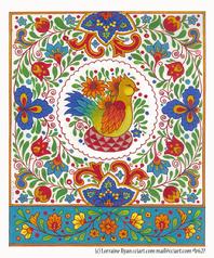 This folk styled bird is surrounded by ornate whimsical elements