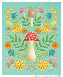 Folk styled mushrooms and flowers adorn this bright whimsical painting.