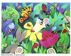 Garden, bugs, butterlies, ladybugs, dragonflies, worms, ants, frog