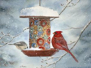 Cardinal, chickadee, bird feeder, winter