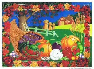 Cornucopia with pumpkins, corn, squash, apples, leaves, grapes and more