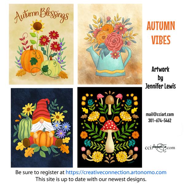 Four Whimsical Fall designs including pumpkins, flowers, a gnome and mushrooms
