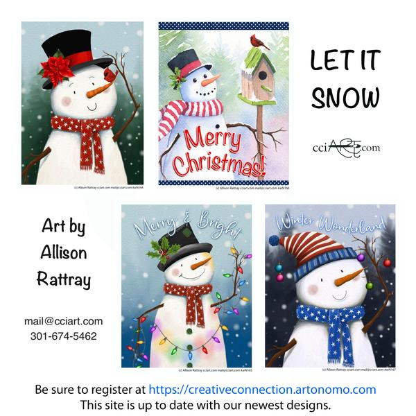 4 dashing snowmen designs are included, all with fun hats.
