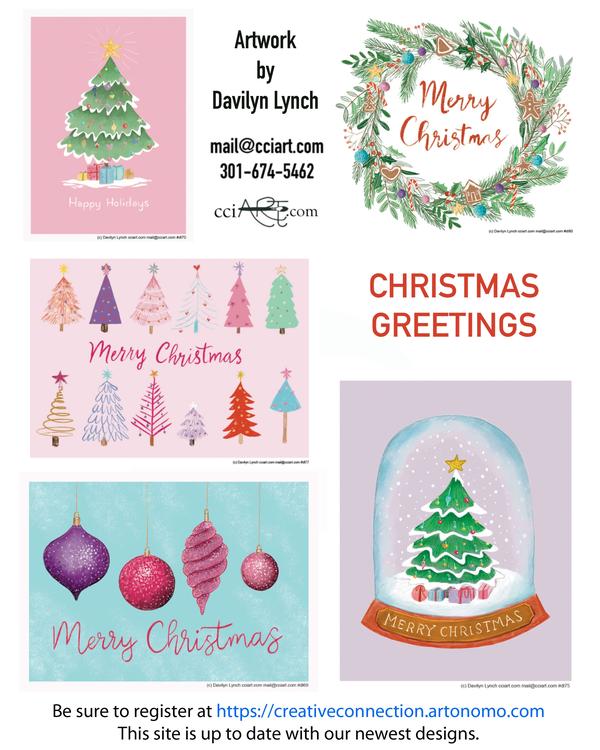 Five Whimsical Christmas cards including trees, ornaments and a wreath.