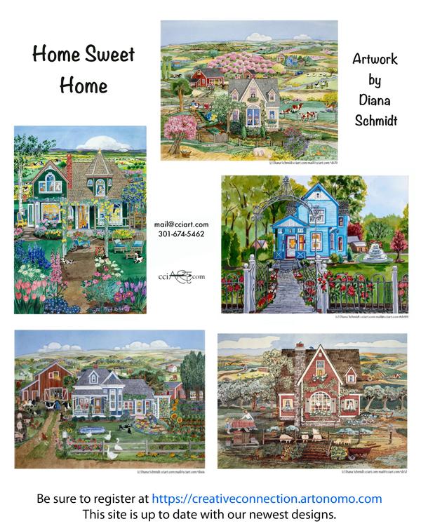 A series of Victorian Style Homes and Farmlands with gardens and lots of color.