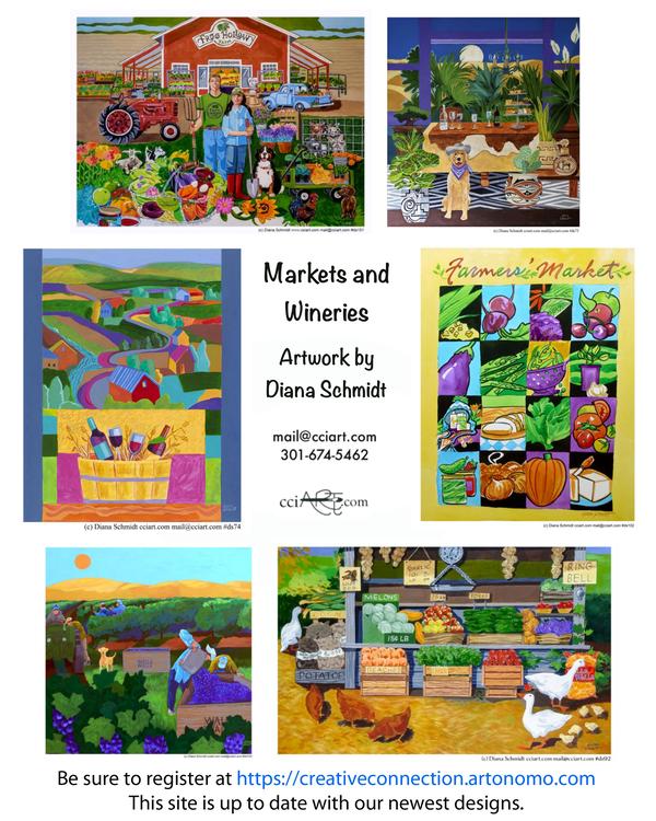 Several paintings depicting colorful Farmer's Markets with lots of veggies and fruits and very inviting wineries.