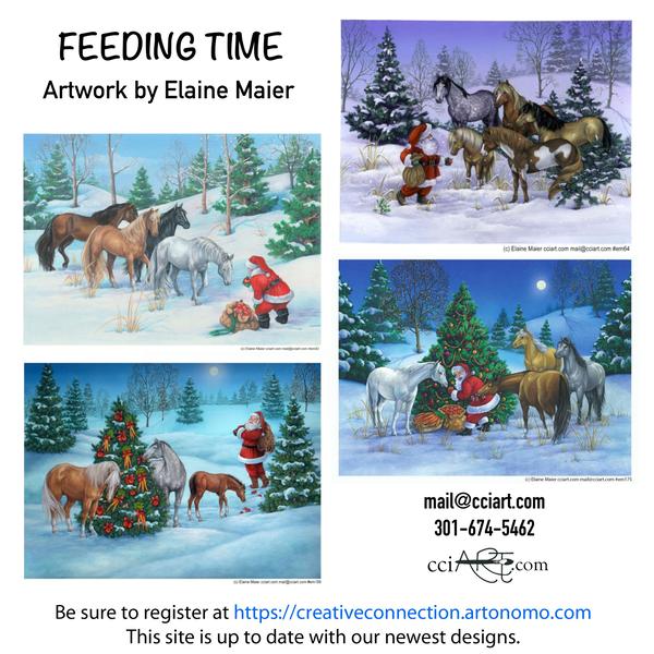 Santa is feeding the horses and the horses are helping themselves to carrots and more in four fun Christmas Paintings.