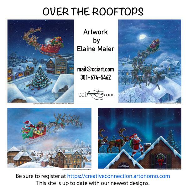 Four Santa, Reindeer and Sleigh designs on or over the rooftops.