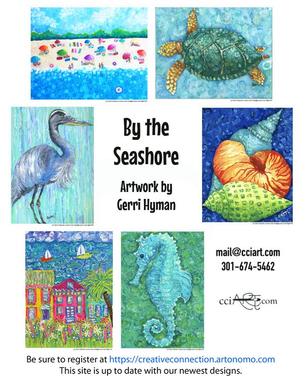 Shore birds, summer destinations, seashells and more are included in this array of colorful and whimsical artwork.