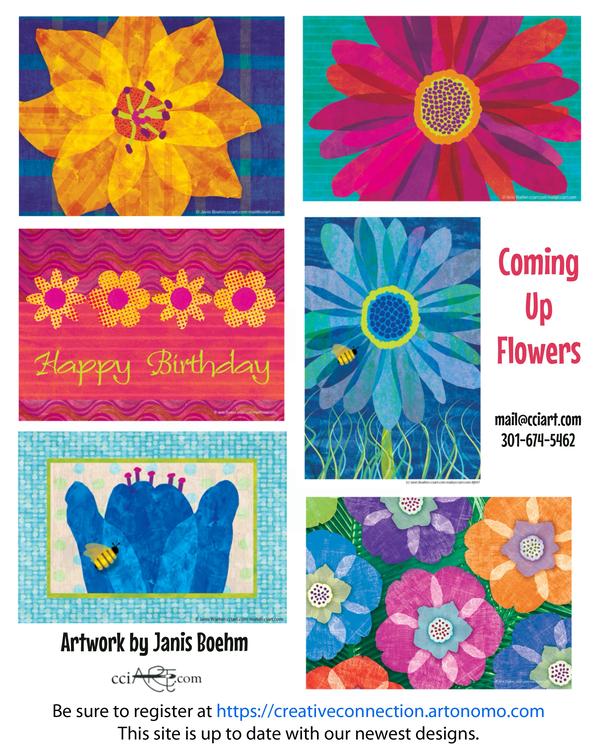 Janis Boehm's portfolio is full of bright and whimsical flower designs.  Here are 6 of those.