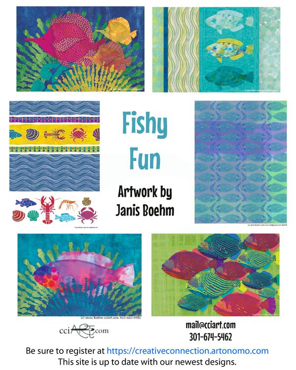 Just a few of Janis Boehm's fun whimsical fish designs appear here.  There are many more.