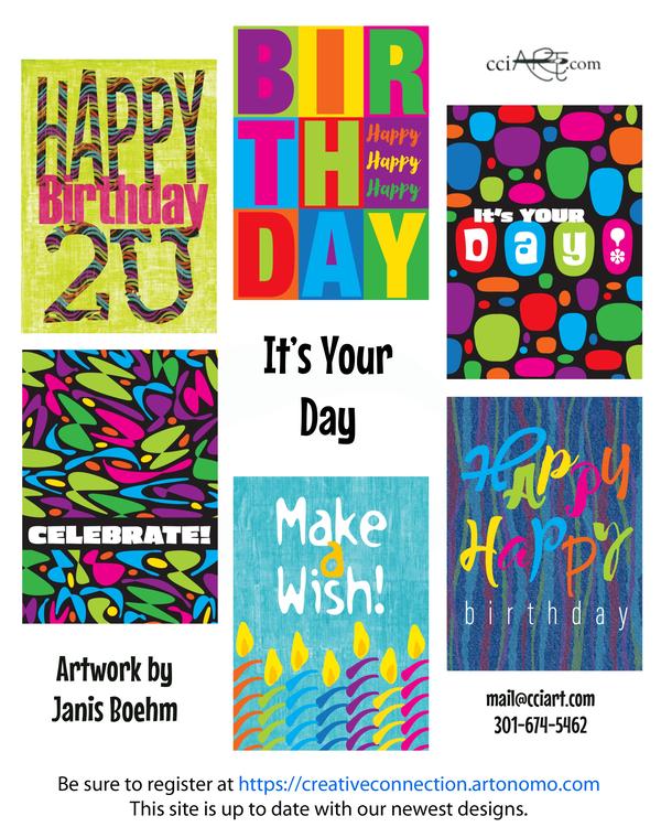 A set of six colorful and whimsical Birthday designs are included with wording.