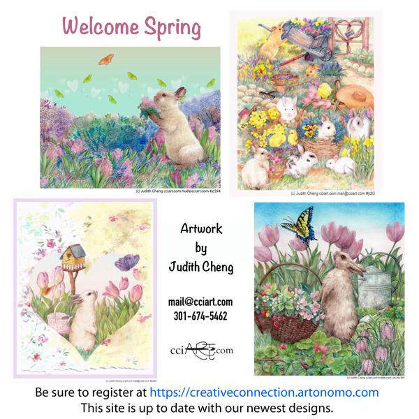 Four beautiful Spring bunny paintings including Easter, a heart and gardens