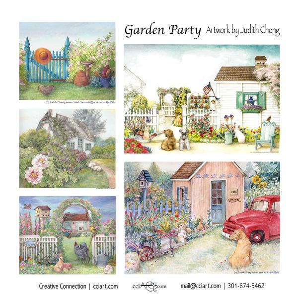 Several pretty pastel cottage scenes and a blue garden gate.