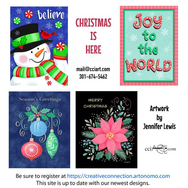 Whimsical ornaments, a beautiful poinsettia, a fun snowman and "Joy to the World" designs are included here.