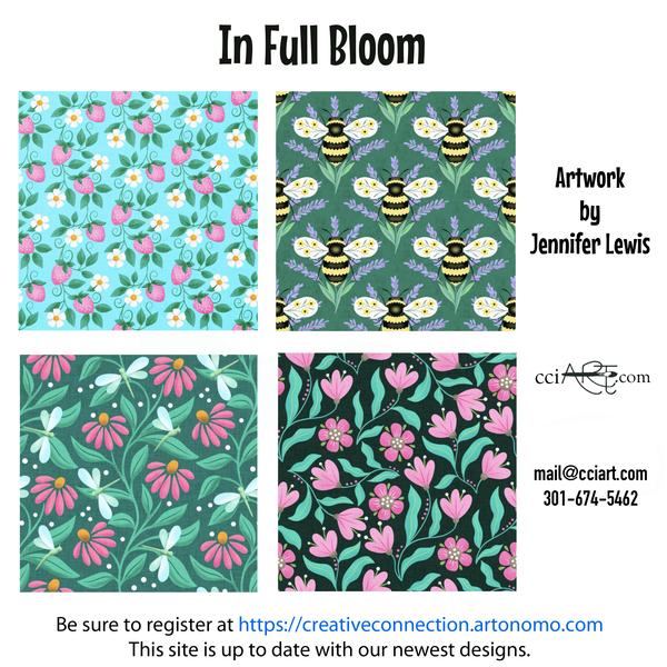 This whimsical design collection includes pink and white flowers with dragonflies and bees.