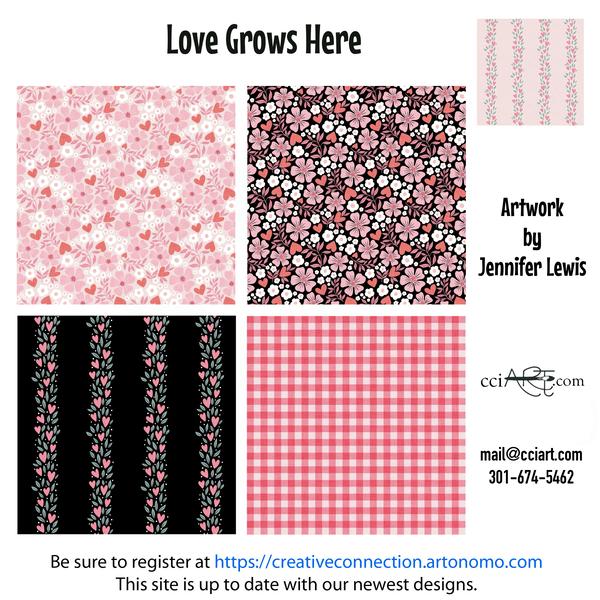 Dainty florals, borders, hearts and a checkerboard pattern complete this whimsical collection in pinks.
