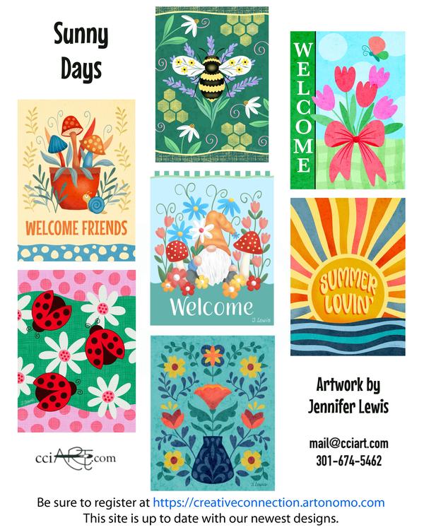 Spring and Summer Whimsical designs including a bee, a gnome, ladybugs, florals and more.