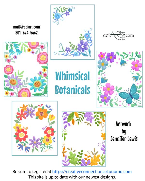 Whimsical floral border designs in bright fun colors.