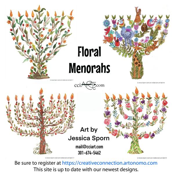 A set of four whimsical menorahs.