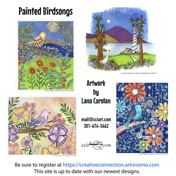 Whimsical and colorful bird paintings including flowers, mountains and landscapes.