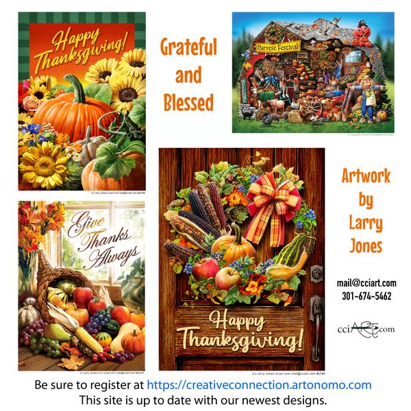 These Thanksgiving paintings by Larry jones would make lovely cards and flags and include elements like wreath, cornucopias, sunflowers, pumpkins and more.