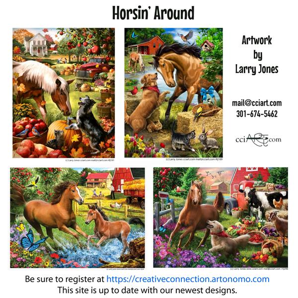 Four fun filled horse images on the farm including fall, summer, frolicking and more.