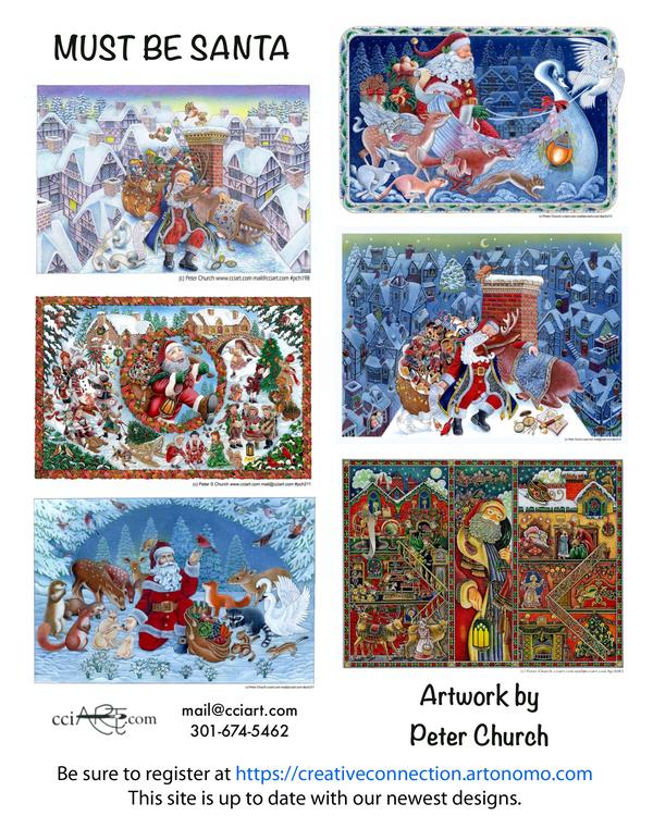 Peter paints fun and detailed Santa designs.  These six Santa paintings include wild animals, rooftop shenanigans, carolers and much more. 