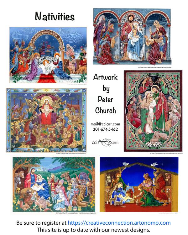 Peter paints detailed Christmas designs including these six beautiful Nativities