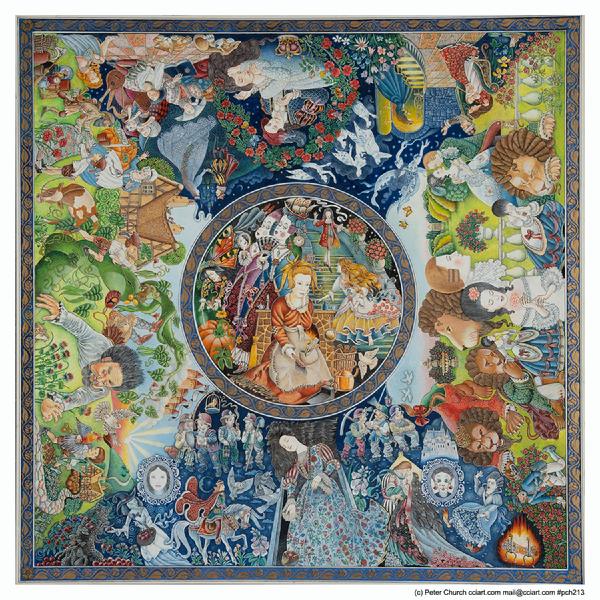 Five different fairy tales are depicted in this painting including Beauty and the Beast, Cinderella, Jack and the Beanstalk, Sleeping Beauty and Snow White.