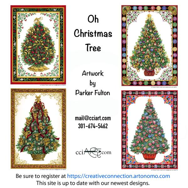 A set of ornate Christmas Tree paintings with beautiful decorations.